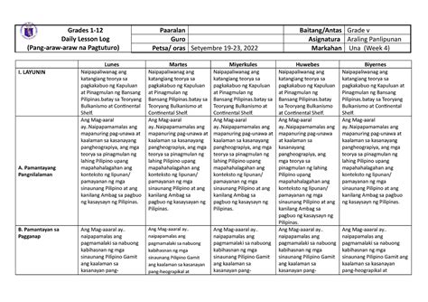 Dll Araling Panlipunan 5 Week 4 Grades 1 Daily Lesson Log Pang Araw Araw Na Pagtuturo