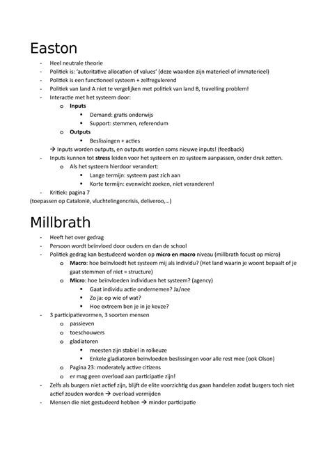 Korte Samenvatting Denkers Easton Heel Neutrale Theorie Politiek Is