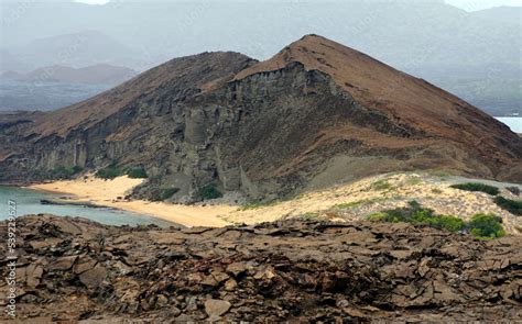 Beach and volcano on Bartolome Island in the Galapagos Islands ...