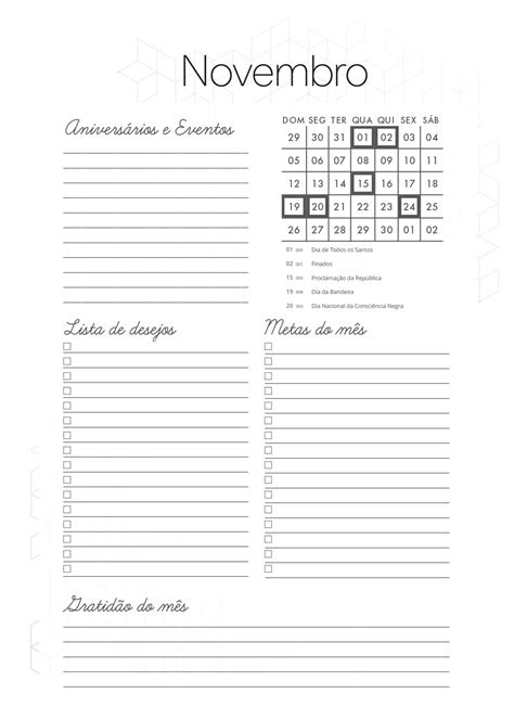 Planner Minimalista Xadrez Agenda Novembro Fazendo A Nossa Festa