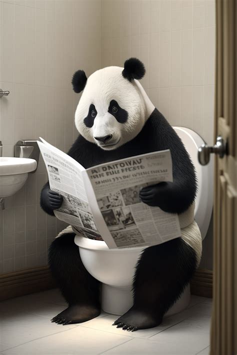 Panda Sitting On The Toilet Reading A Newspaper Funny Etsy