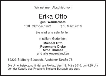 Traueranzeigen Von Erika Otto Aachen Gedenkt