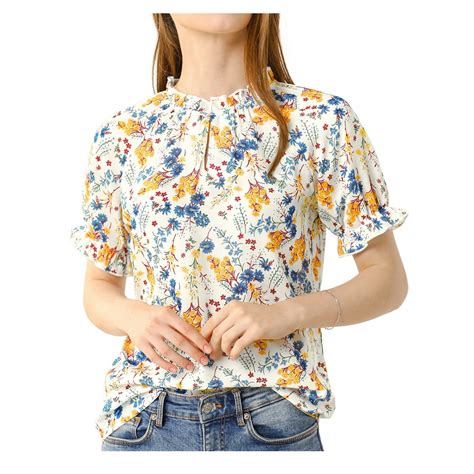 Allegra K Allegra K Womens Floral Ruffled Short Sleeve Tops Ruffle Neck Casual Blouses