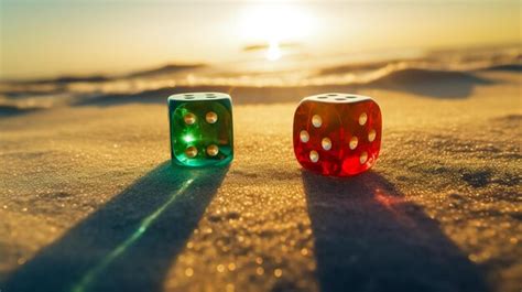 Premium Photo | Two red and green dice in the sand on the background of ...
