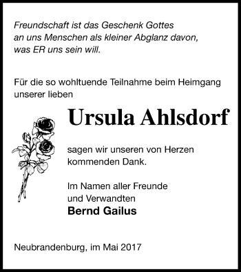 Traueranzeigen Von Ursula Ahlsdorf Trauer Nordkurier