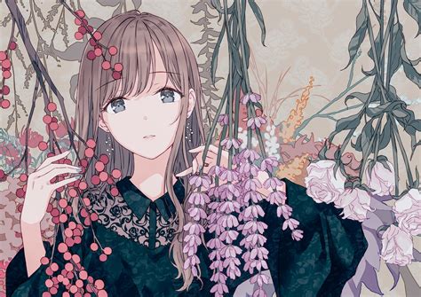 Brown Hair Flowers Gray Eyes Hiten Hitenkei Long Hair Original