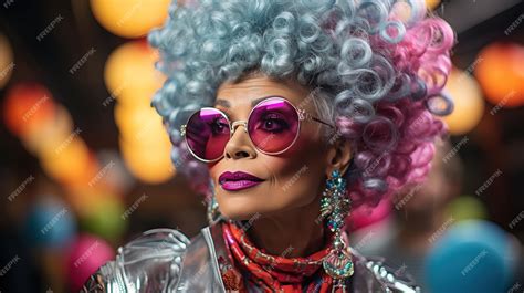 Premium Photo | Old lady dressed in vibrant retrofuturistic 80s fashion