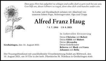 Traueranzeigen Von Alfred Franz Haug Allg Uer Zeitung