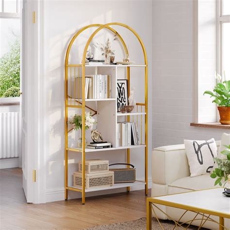 Yitahome Tier Standing Gold Arched Etagere Bookcase With X Design