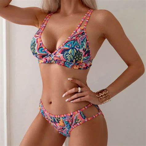 Bikini De Playa Con Cuello Colgante Para Mujer Ba Ador Estampado Traje