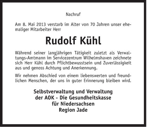 Traueranzeigen von Rudolf Kühl nordwest trauer de