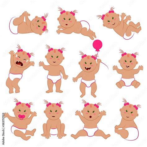 Set Of Vector Cliparts Of A Eurasian Baby Girl With Fair Skin Orange