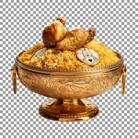 Premium PSD Tasty Chicken Biryani In Golden Bowl Isolated With