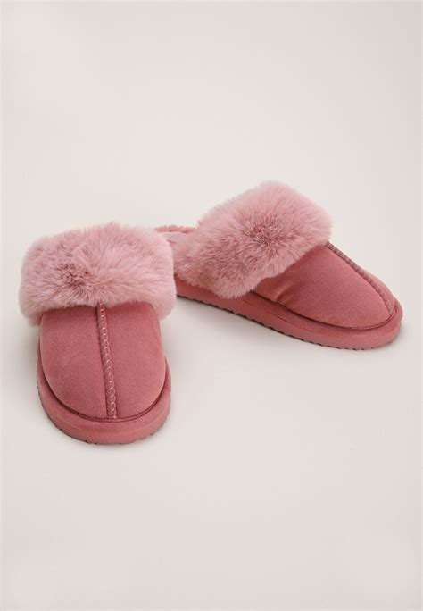 Womens Pink Soft Faux Fur Mule Slippers Peacocks