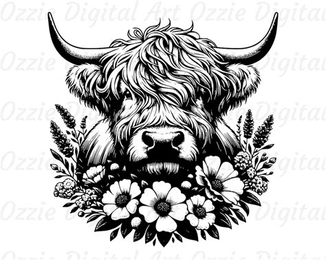 Highland Cow With Flowers Svg And Png Cow Clipart Highland Cow Vector Image Cow Silhouette