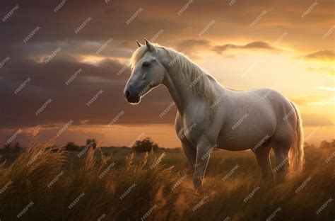 Premium AI Image | A white horse stands in a field at sunset.