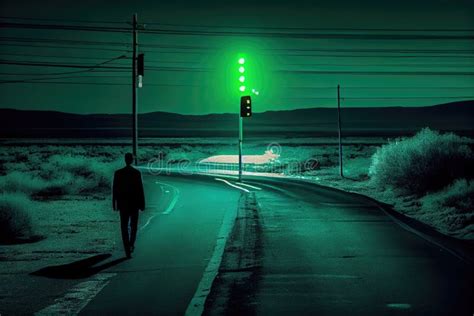 Directing Green Traffic Light on Desolate Road at Night Stock ...