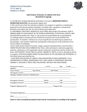 Fillable Online Fillable Online Waiver For Parks Recreation Bradford Vt