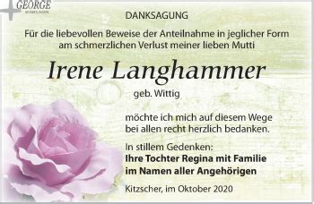 Traueranzeigen Von Irene Langhammer Trauer Anzeigen De