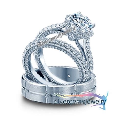 His Her Mens Woman Diamonds Wedding Ring Bands Trio Bridal Set 10k White Gold For Sale Online