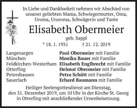 Traueranzeigen Von Elisabeth Obermeier Trauer Merkur De