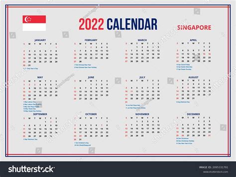 2022 New Year Simple Calendar Singapore Stock Vector Royalty Free