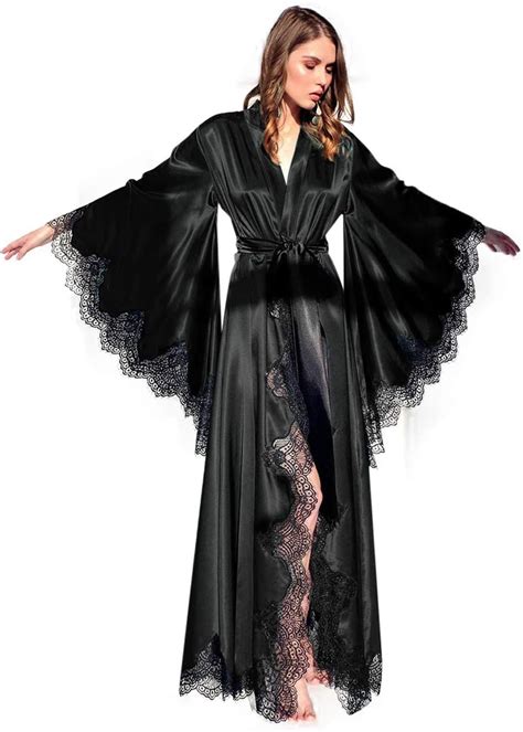 Womens Luxury Long Silk Boudoir Satin Robe Lace Robe With Floor Length