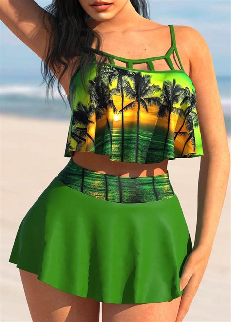 High Waisted Green Scape Print Bikini Set Rosewe Usd