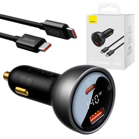 BASEUS SZYBKA ŁADOWARKA SAMOCHODOWA USB USB C MOCNA 140W KABEL PRZEWÓD