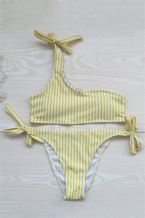 Striped One Shoulder Bikini Set Roselinlin