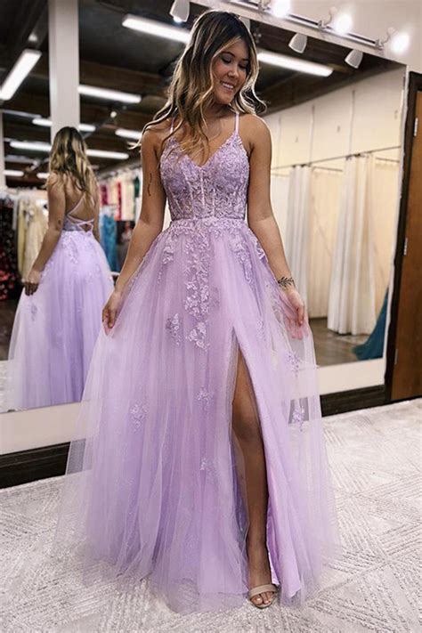 Hellymoon Women Purple Lace Lavender Prom Dress With Slit A Line