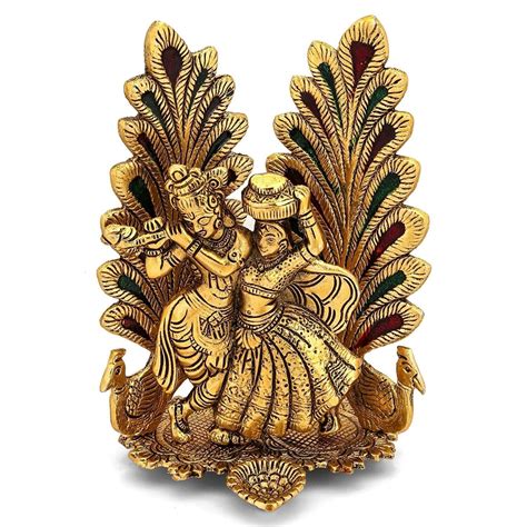 Peacock Design Radha Krishna Idol Showpiece Avec Diya Pour Puja Et