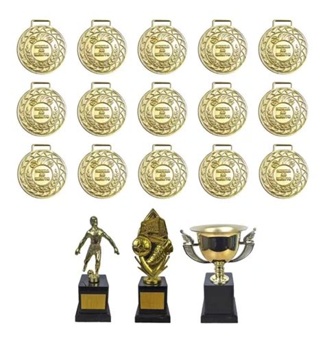 Kit C 15 Medalhas Ouro M36 3 Troféus De Premiação Ouro Parcelamento