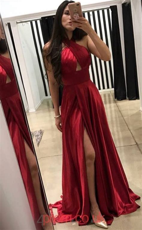 Burgundy Satin Chiffon Halter A Line Long Sex Prom Dress Jt3730