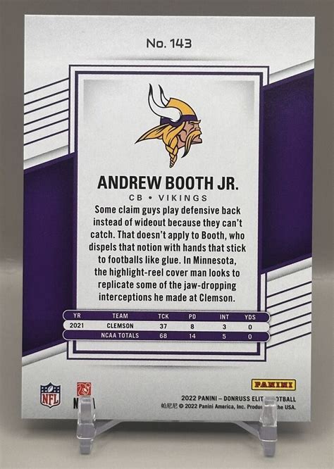 2022 Panini Donruss Elite Rookie Andrew Booth Jr Vikings 143 Numbered