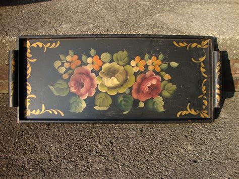 Vintage Hand Painted Floral Wooden Tole Tray Mid Century Home Decor