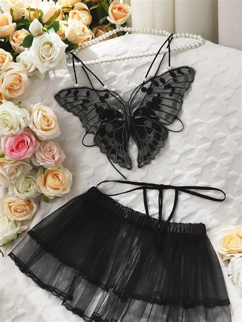 Butterfly Appliques Mesh Lingerie Set SHEIN EUQS