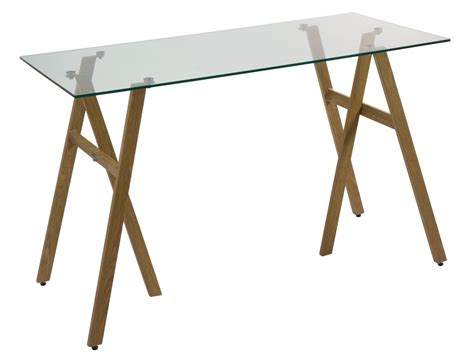 Mesa Escritorio Cristal Con Caballetes De Hierro Imitaci N Madera