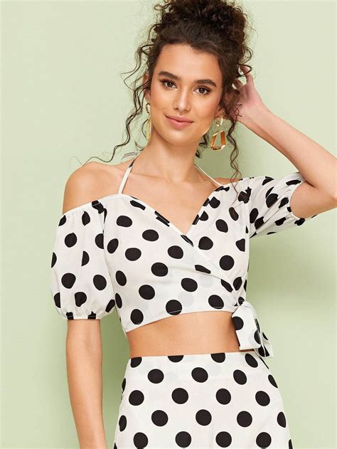 Polka Dot Print Wrap Knotted Crop Top Knot Crop Top Print Wrap Crop