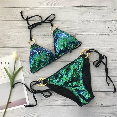 Halter Metal Swimsuit Green Sequins Bikini Set Solid Swimwear Sexy