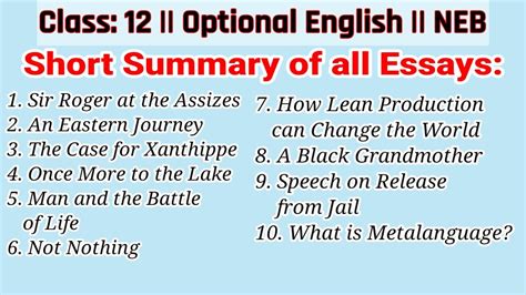 Short Summary Of All 10 Essays Class 12 Optional English Neb Royal Zenith Vlogs