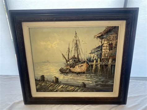 Original Oil Painting Harbor Scene Artist Florence Wilkins Furst X