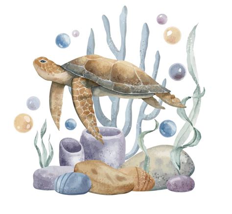 Watercolor Illustration Of Sea Turtle Corals And Algae Underwater