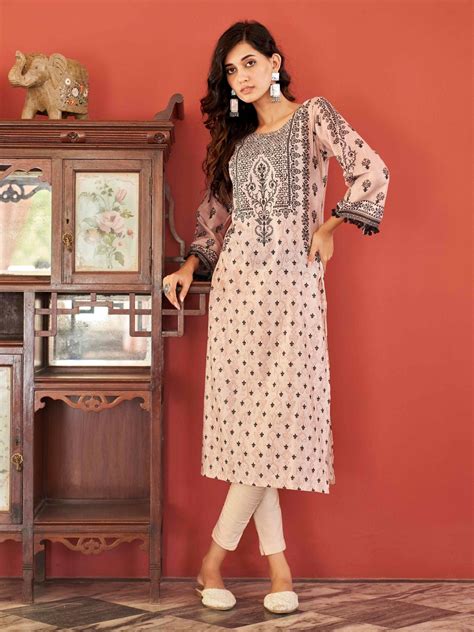 Beige Ethnic Motifs Printed Flared Sleeves Kurta