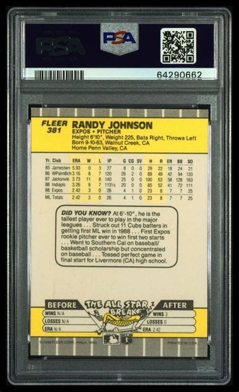 1989 Fleer 381 Randy Johnson PSA 9 MINT Rookie HOF RC Montreal Expos