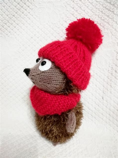 Knitting Pattern For A Brown Hedgehog In A Red Hat Toy Inches Tall