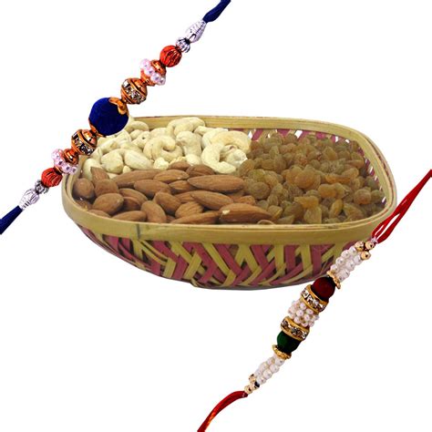 Ts World Square Cane Assorted Dryfruit Basket With 2 Rakhi Kaju