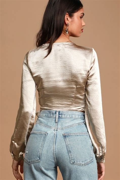 Looking Lovely Beige Satin Long Sleeve Wrap Crop Top Wrap Crop Tops Crop Tops Satin Long Sleeve