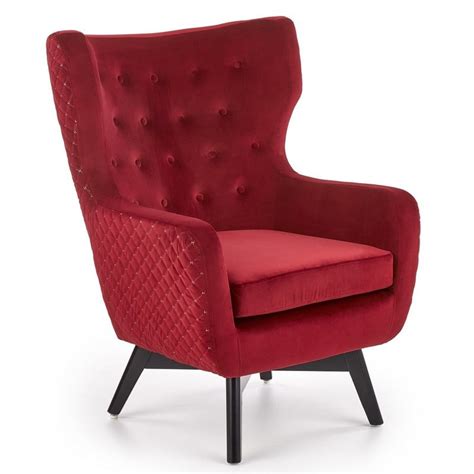 Fauteuil Vintage En Velours Rouge Avec Pieds En Bois Massif Sussex