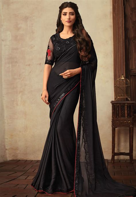 Black Georgette Festival Wear Saree V3913 Party Wear Sarees Saree